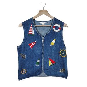 Vtg 90s Nautical Denim Vest Women’s MEDIUM Embroidered Sailboat Coastal Cottage